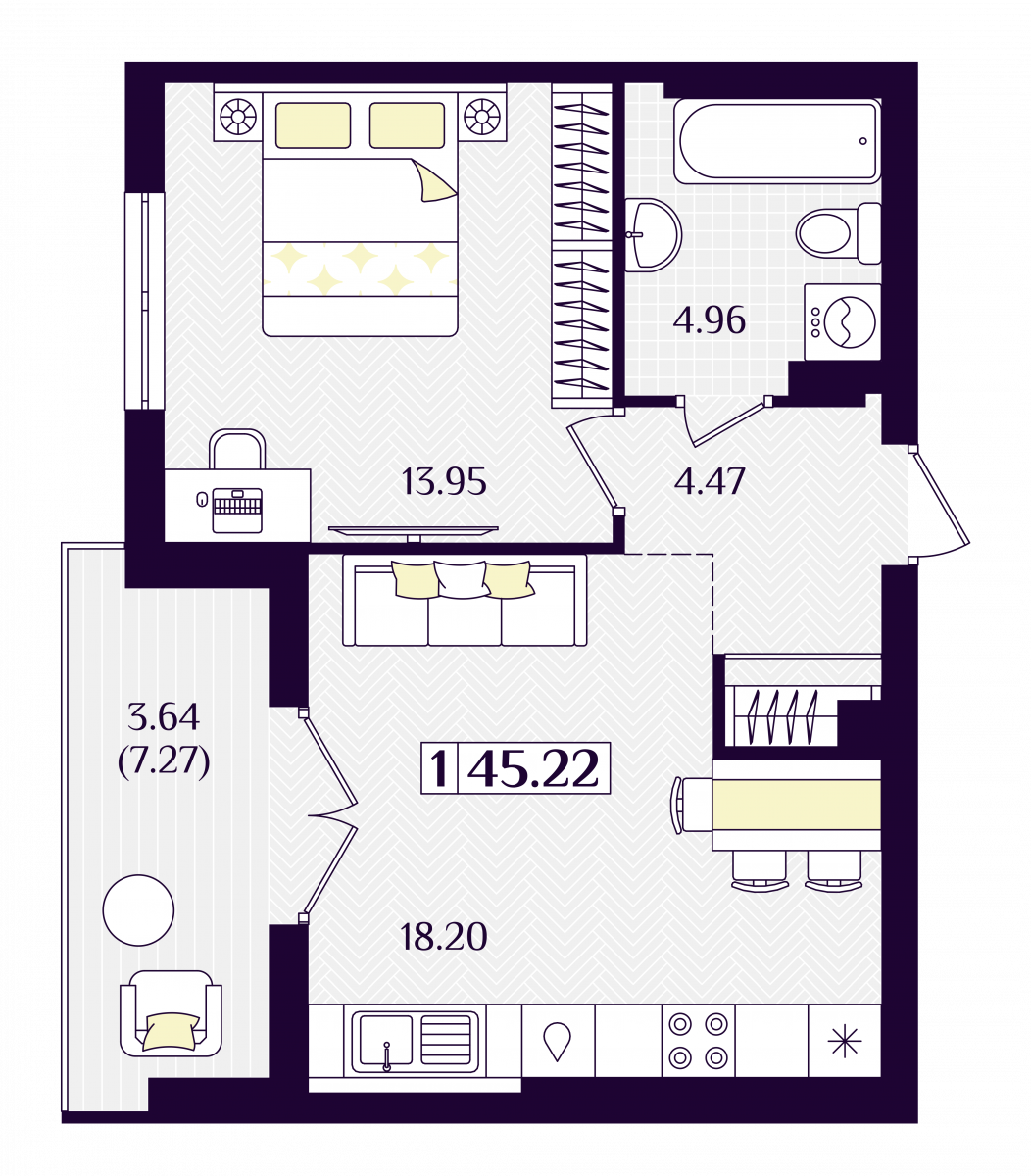 Квартира №36, 1-комнатная, 45.22 м², 5 этаж - планировка, ЖК «Астерия»