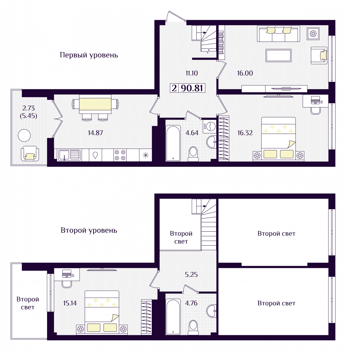 Квартира №50, 2-комнатная, 90.81 м², 7 этаж - планировка, ЖК «Астерия»
