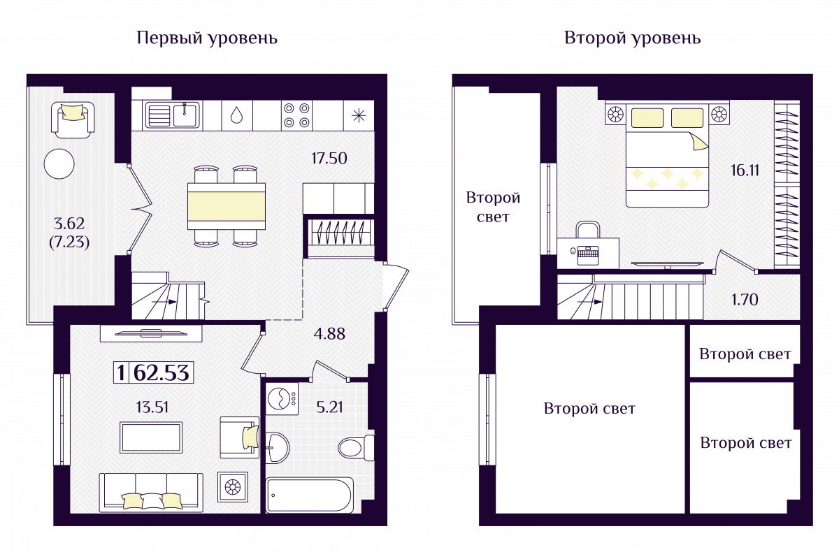 Квартира №51, 1-комнатная, 62.53 м², 7 этаж - планировка, ЖК «Астерия»