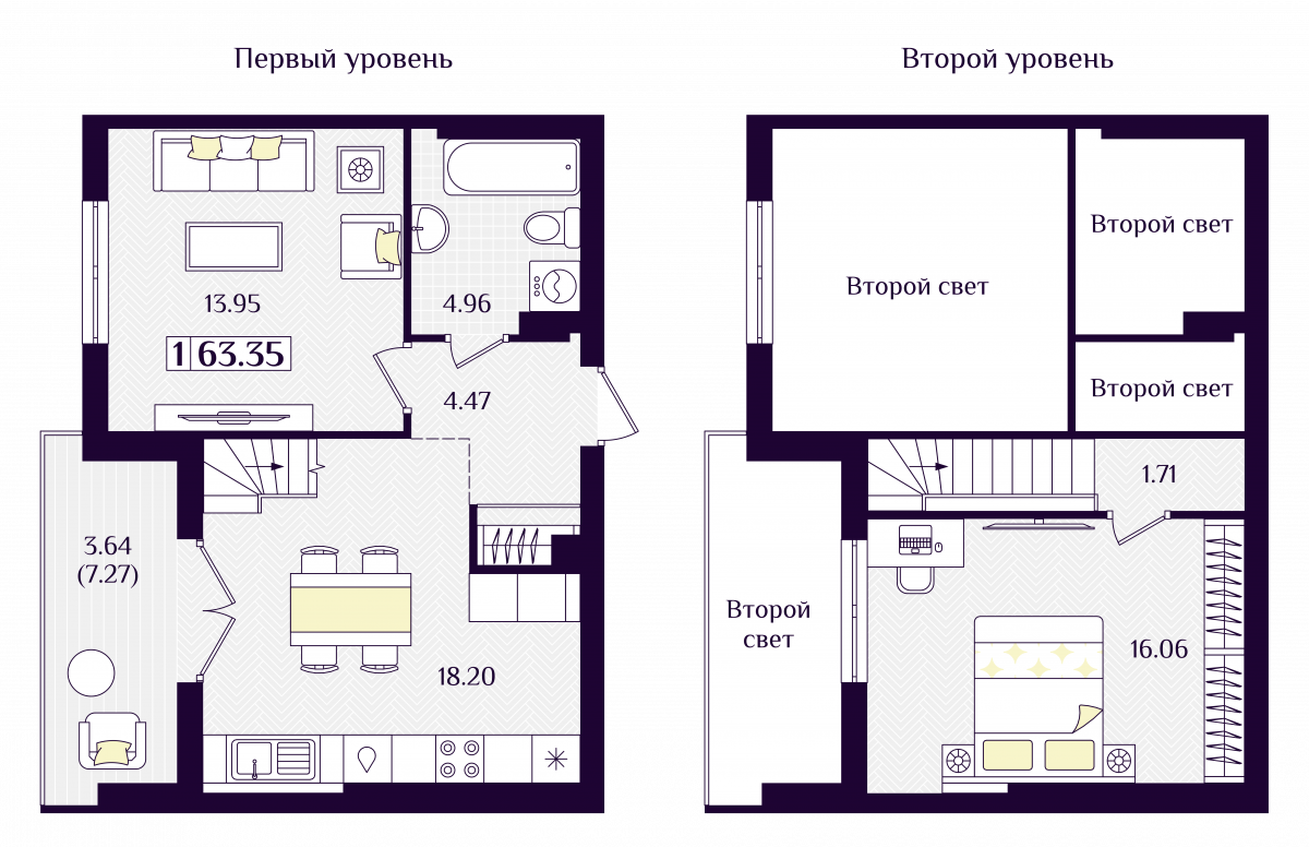 Квартира №52, 1-комнатная, 63.35 м², 7 этаж - планировка, ЖК «Астерия»