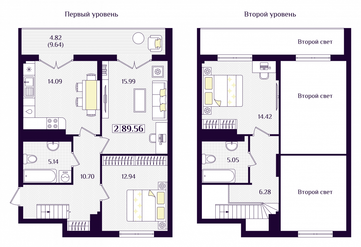 Квартира №55, 2-комнатная, 89.56 м², 7 этаж - планировка, ЖК «Астерия»