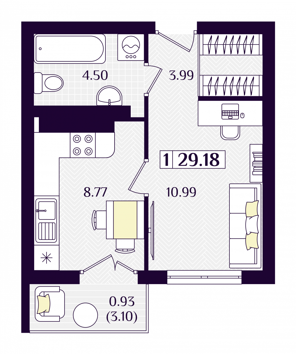 Квартира №62, 1-комнатная, 29.18 м², 2 этаж - планировка, ЖК «Астерия»