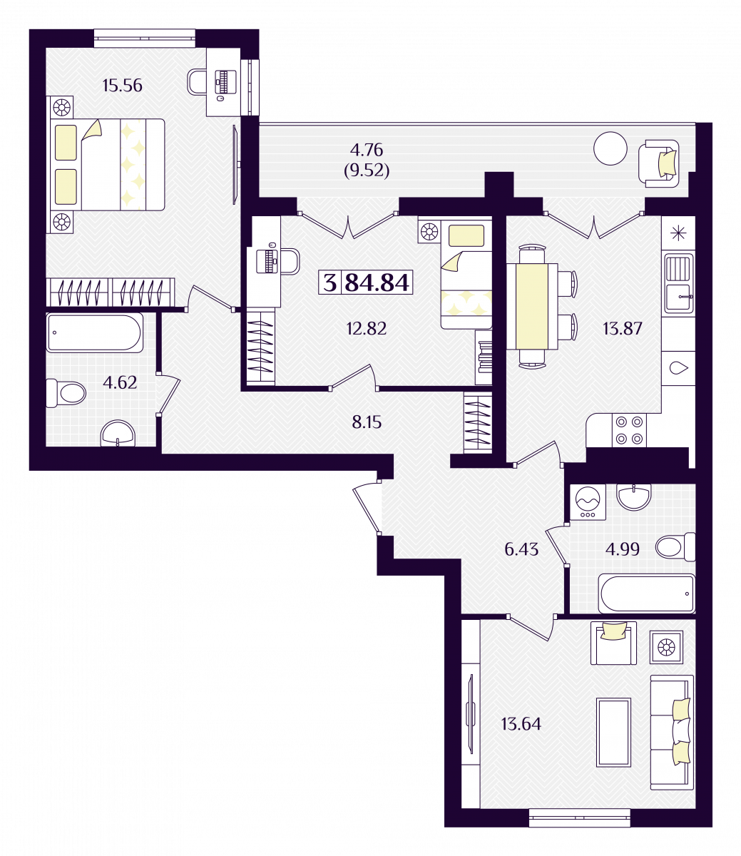 Квартира №76, 3-комнатная, 84.84 м², 5 этаж - планировка, ЖК «Астерия»