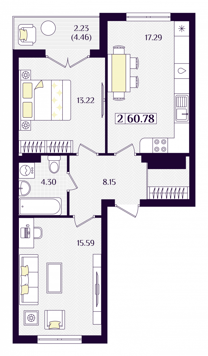 Квартира №80, 2-комнатная, 60.78 м², 5 этаж - планировка, ЖК «Астерия»