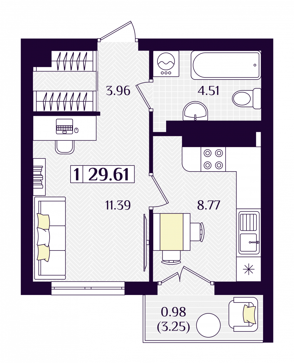 Квартира №83, 1-комнатная, 29.61 м², 6 этаж - планировка, ЖК «Астерия»