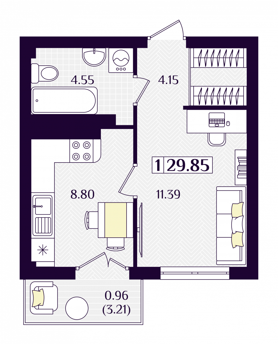 Квартира №84, 1-комнатная, 29.85 м², 6 этаж - планировка, ЖК «Астерия»