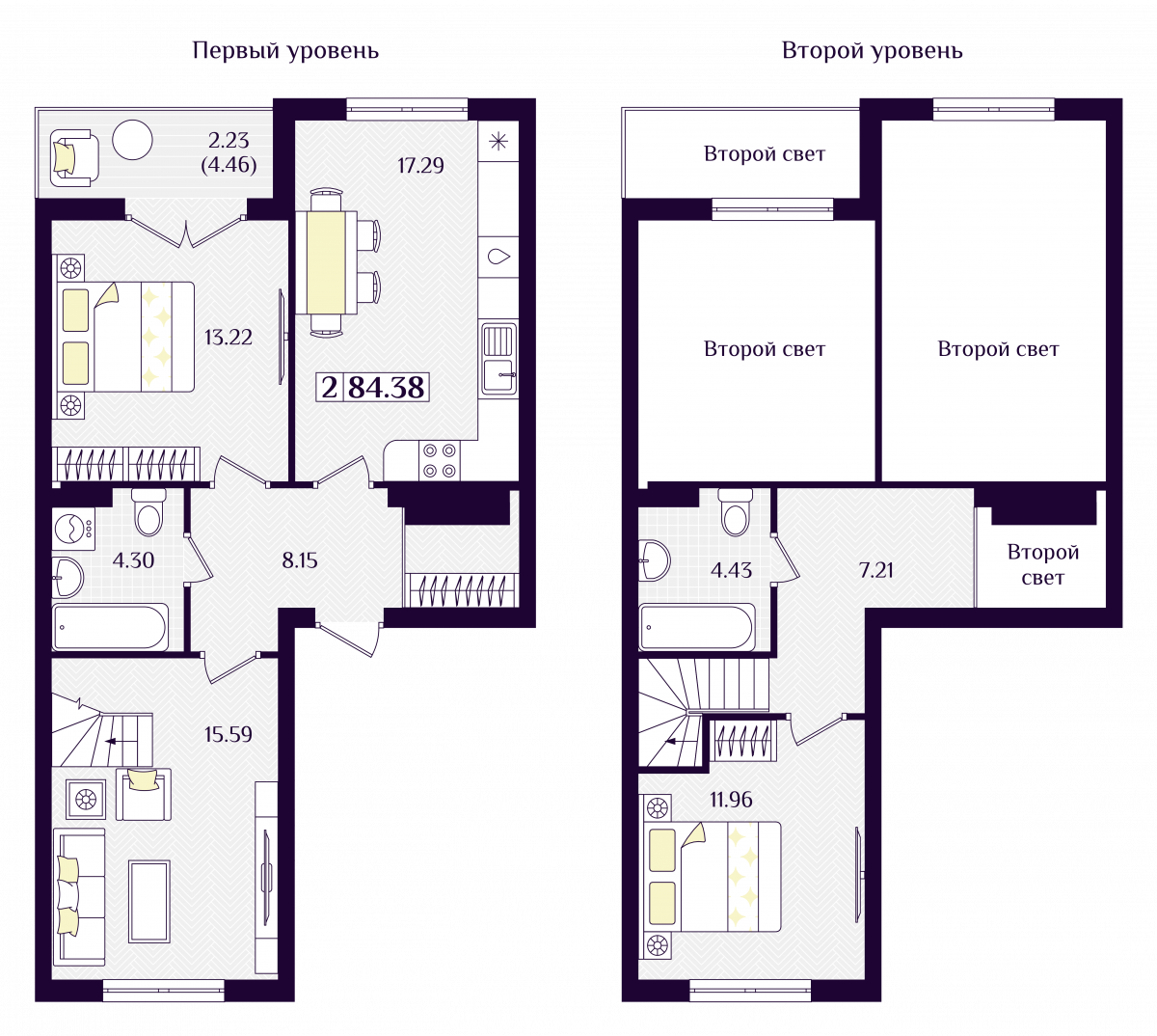 Квартира №90, 2-комнатная, 84.38 м², 7 этаж - планировка, ЖК «Астерия»