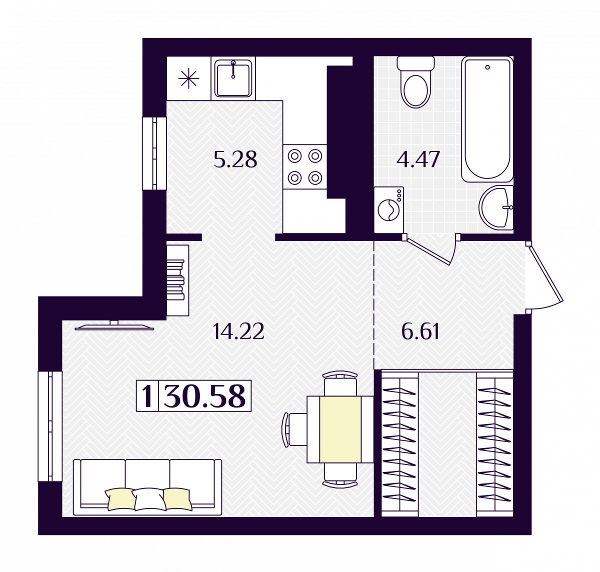Квартира №91, 1-комнатная, 30.58 м², 1 этаж - планировка, ЖК «Астерия»