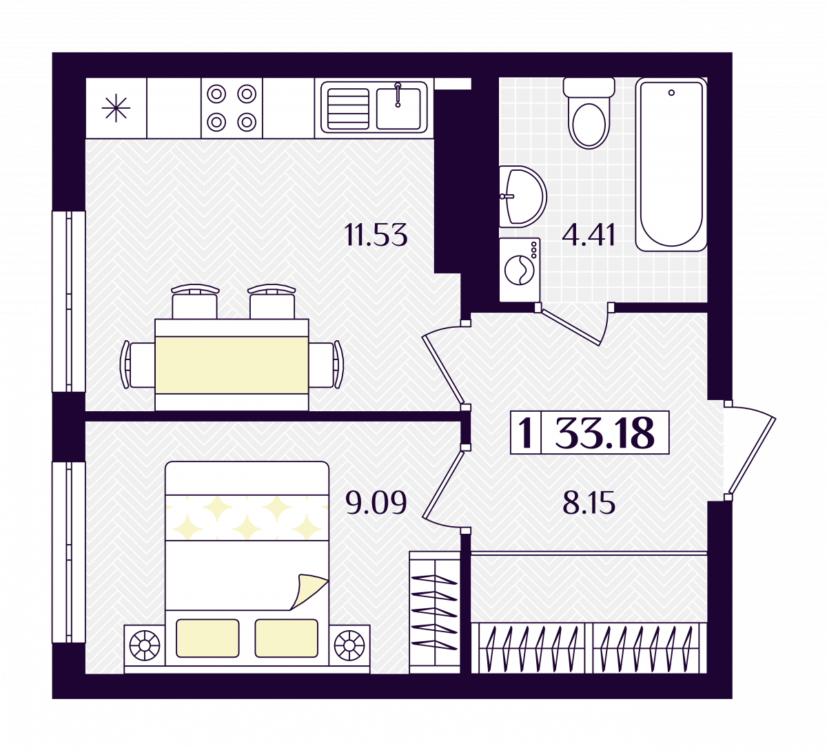 Квартира №98, 1-комнатная, 33.18 м², 1 этаж - планировка, ЖК «Астерия»