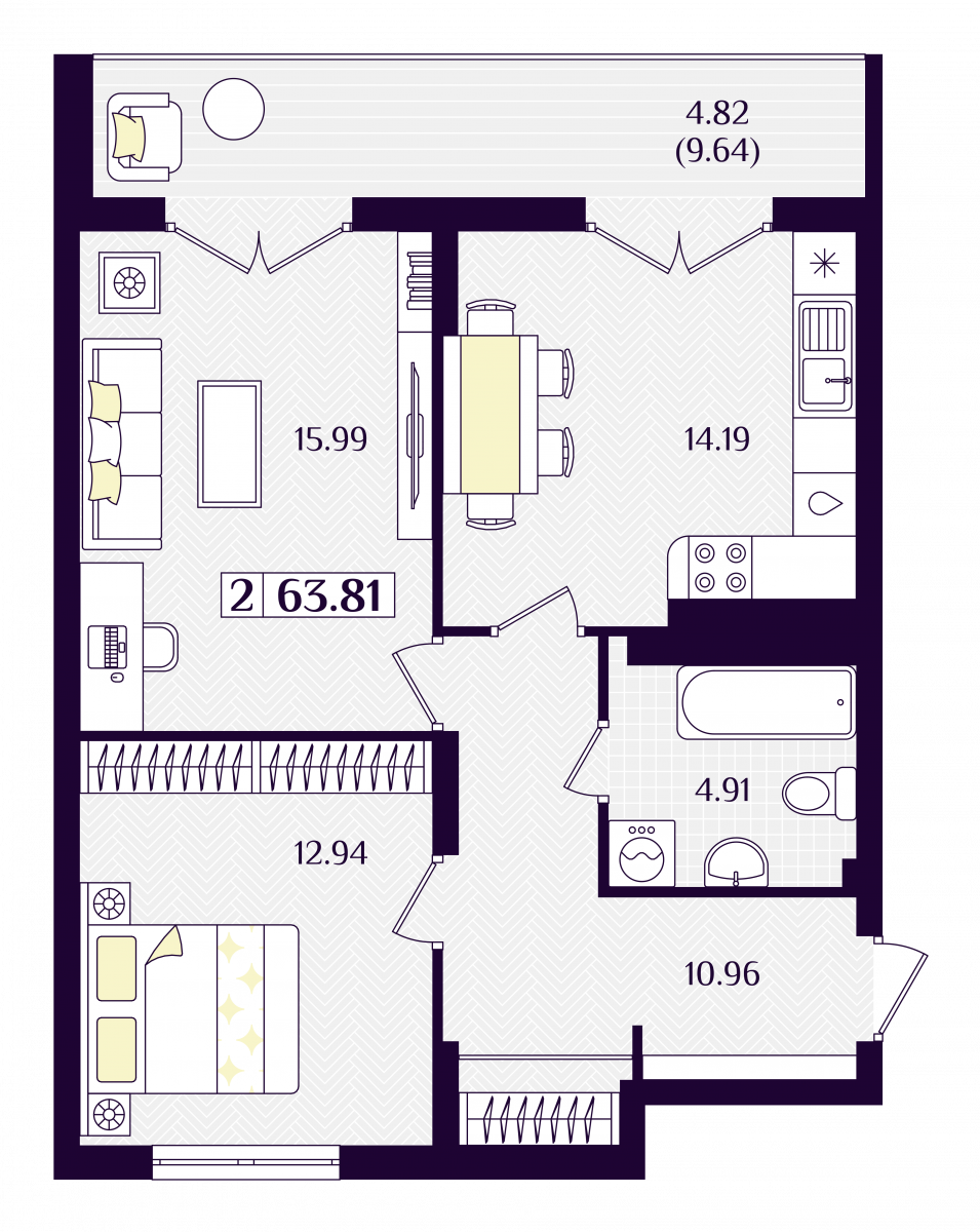 Квартира №100, 2-комнатная, 63.81 м², 2 этаж - планировка, ЖК «Астерия»