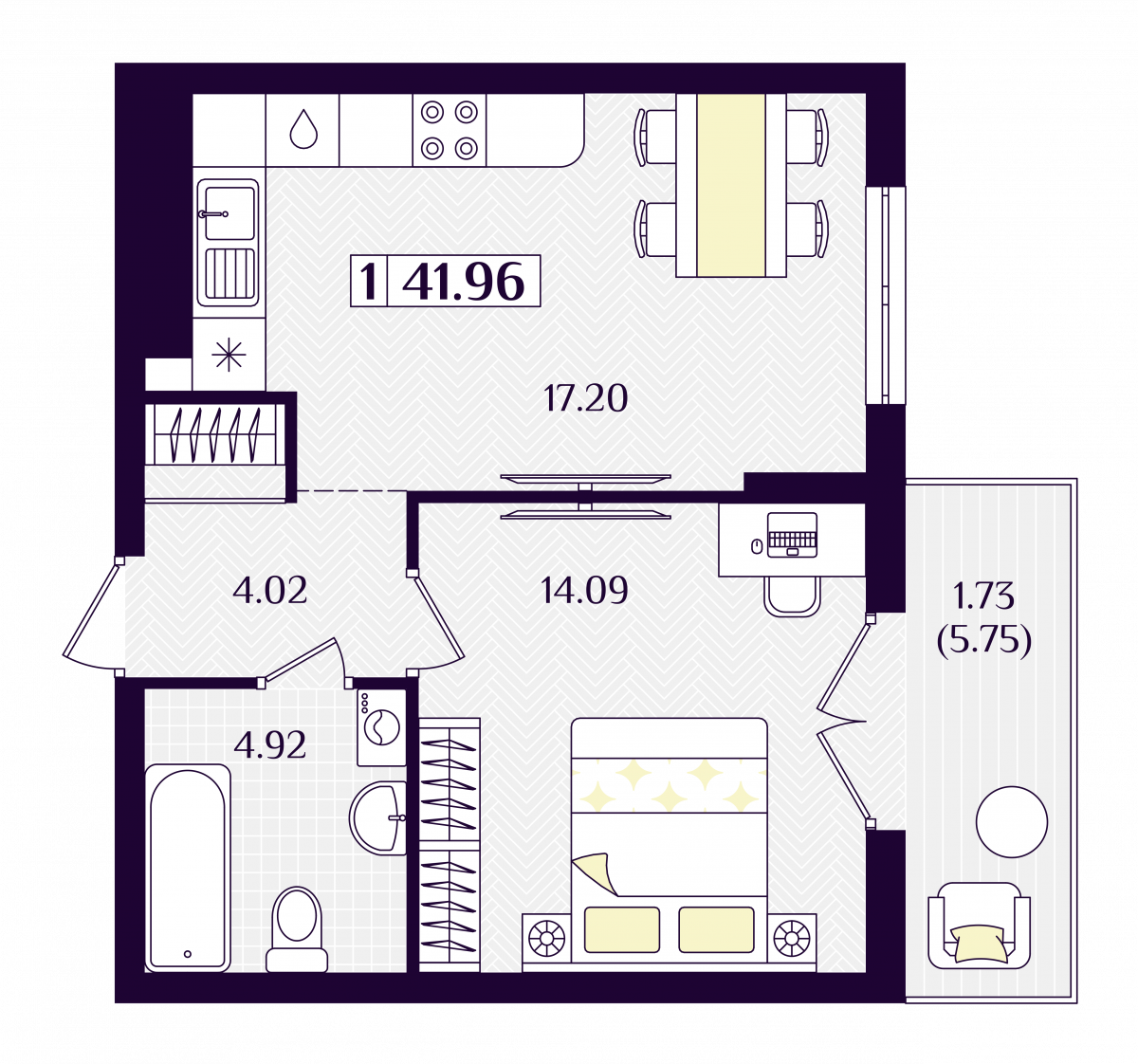 Квартира №102, 1-комнатная, 41.96 м², 2 этаж - планировка, ЖК «Астерия»