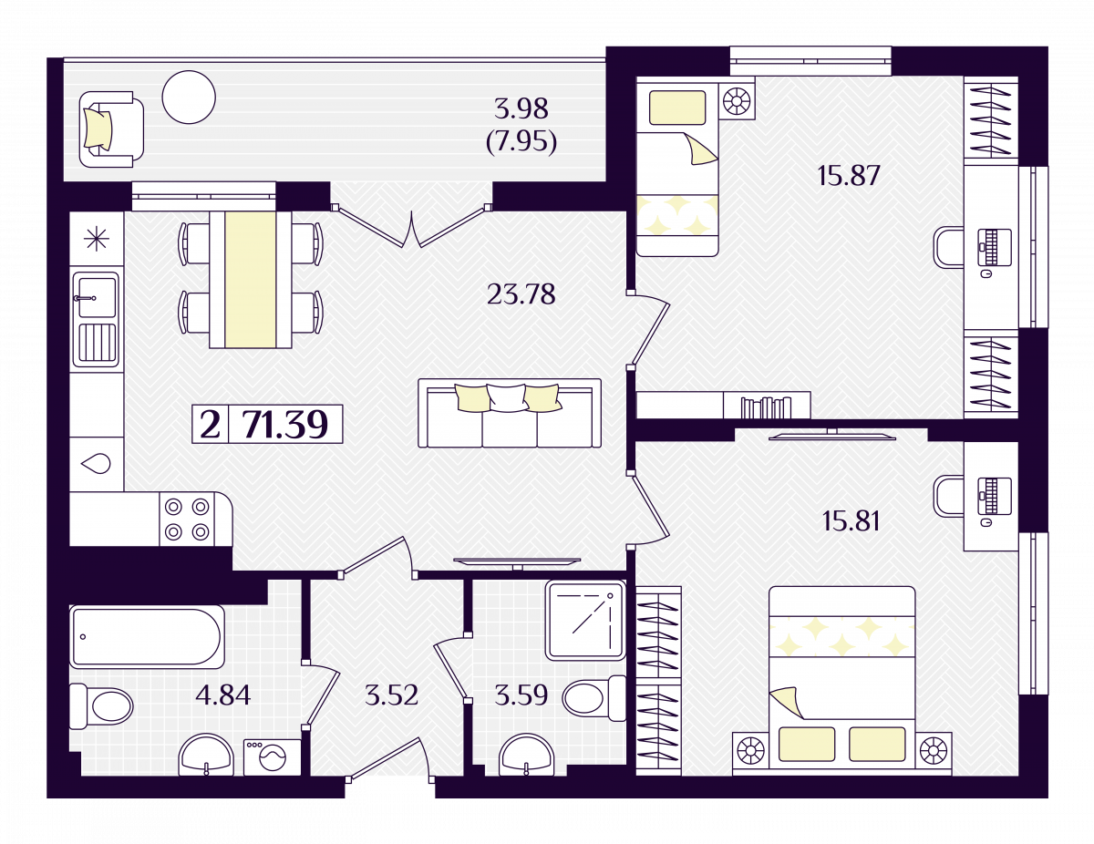 Квартира №109, 2-комнатная, 71.39 м², 3 этаж - планировка, ЖК «Астерия»