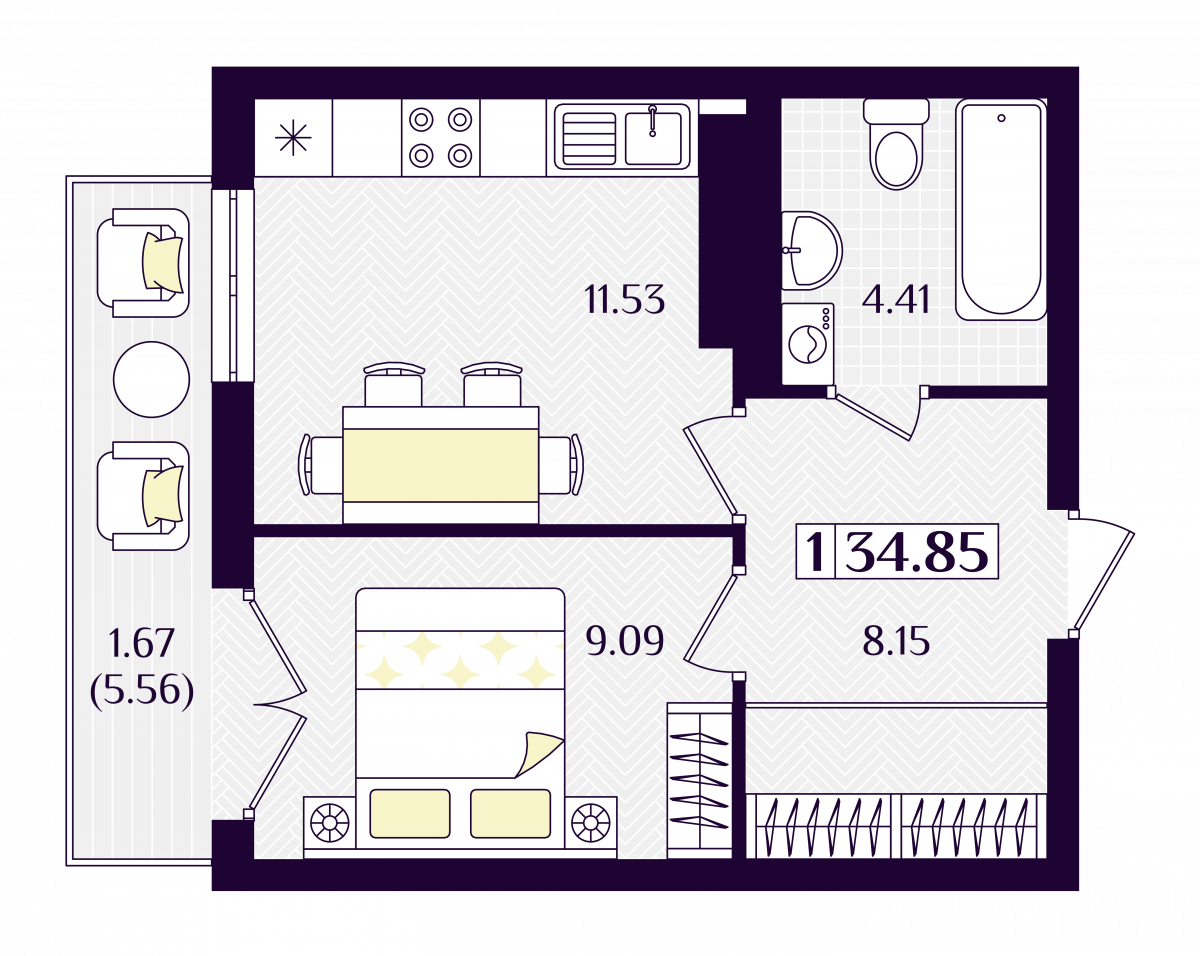 Квартира №122, 1-комнатная, 34.85 м², 4 этаж - планировка, ЖК «Астерия»