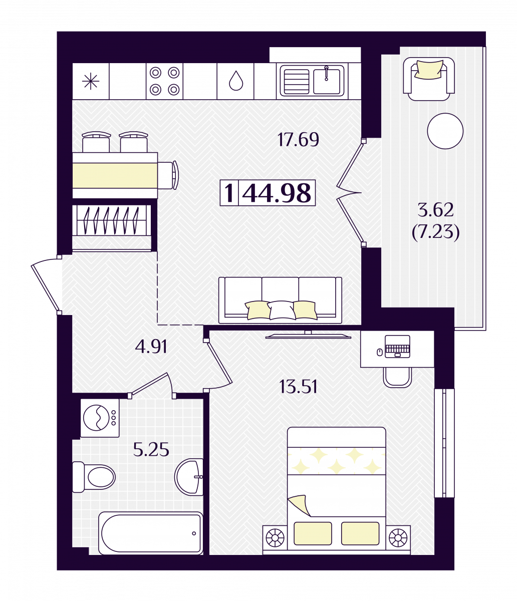 Квартира №128, 1-комнатная, 44.98 м², 5 этаж - планировка, ЖК «Астерия»