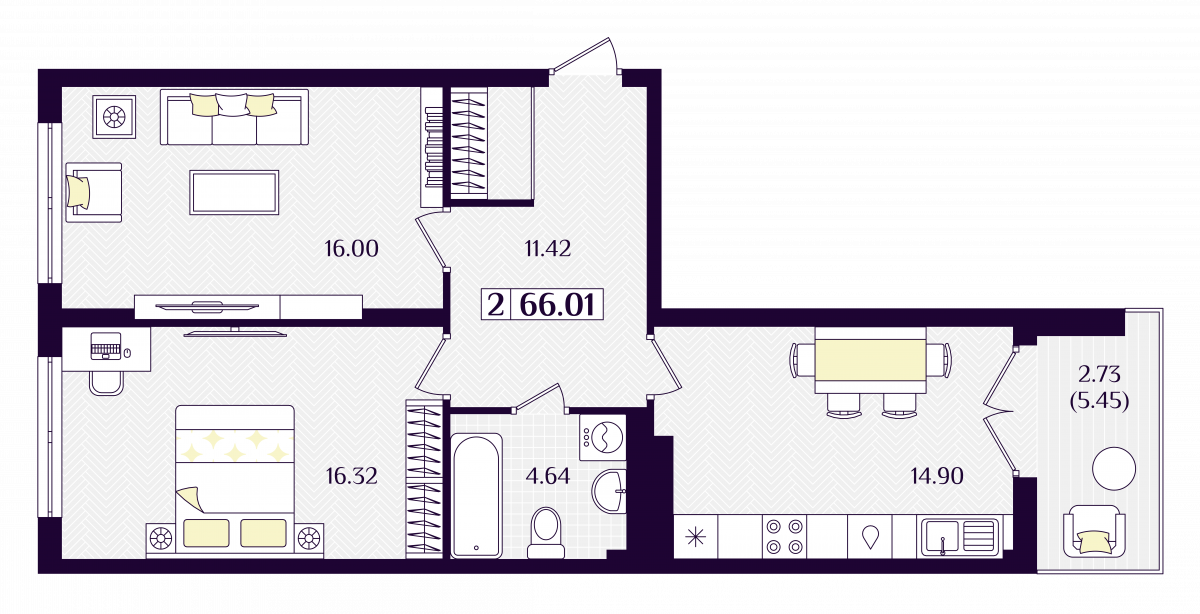 Квартира №129, 2-комнатная, 66.01 м², 5 этаж - планировка, ЖК «Астерия»