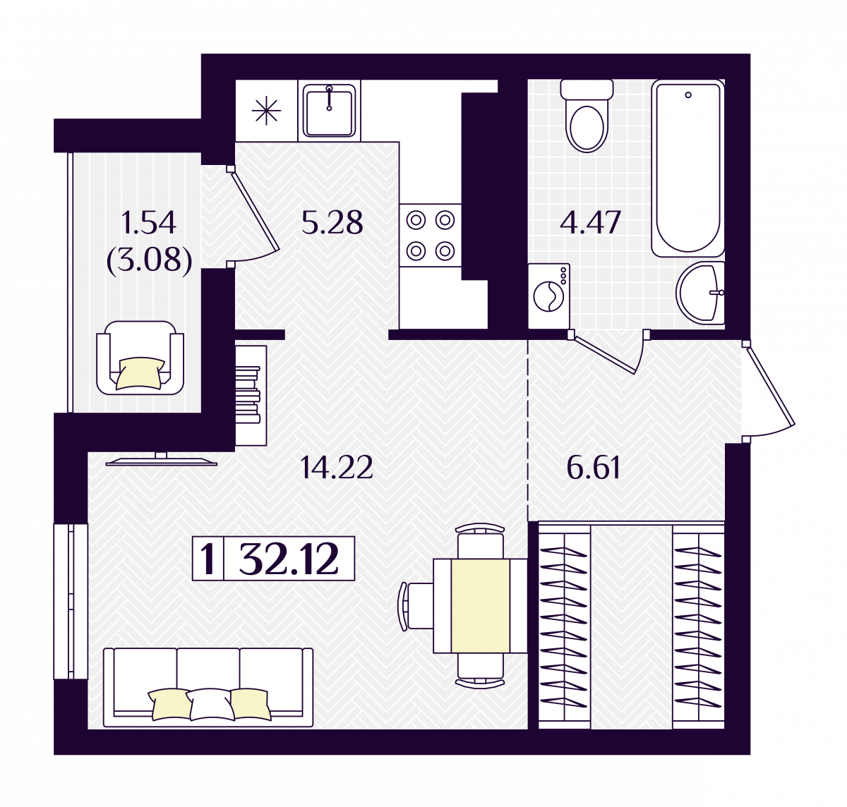 Квартира №131, 1-комнатная, 32.12 м², 6 этаж - планировка, ЖК «Астерия»