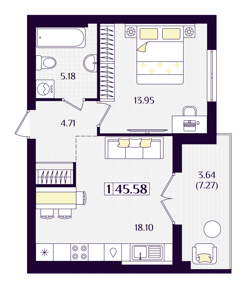 Квартира №135, 1-комнатная, 45.58 м², 6 этаж - планировка, ЖК «Астерия»