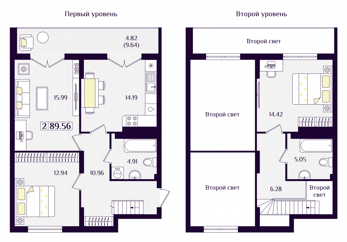 Квартира №140, 2-комнатная, 89.56 м², 7 этаж - планировка, ЖК «Астерия»