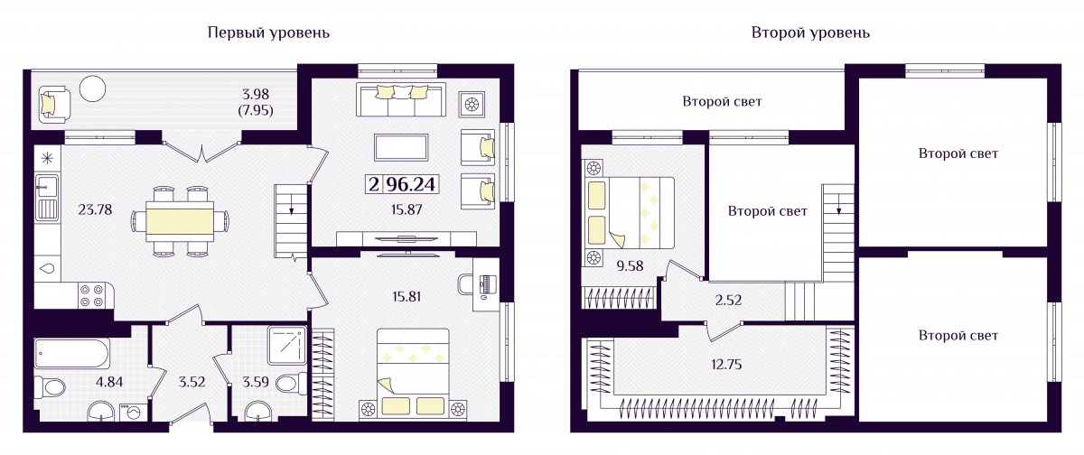Квартира №141, 2-комнатная, 96.24 м², 7 этаж - планировка, ЖК «Астерия»