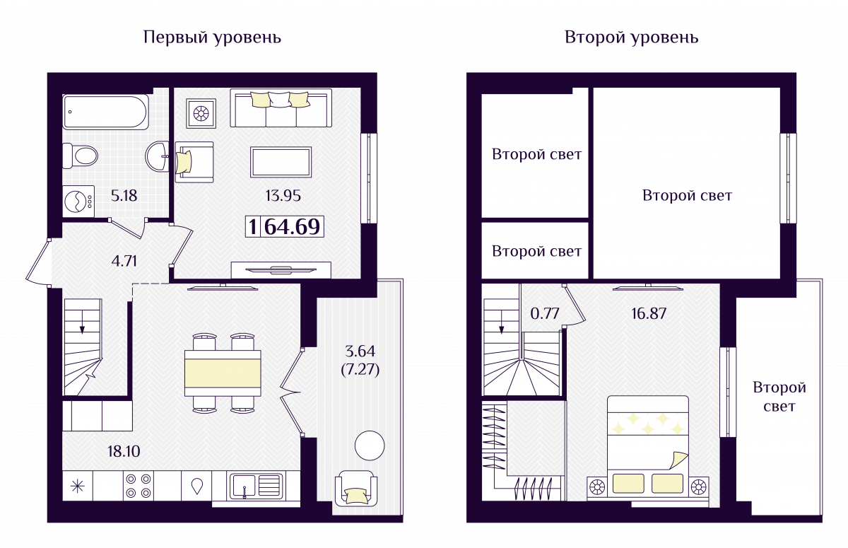 Квартира №143, 1-комнатная, 64.69 м², 7 этаж - планировка, ЖК «Астерия»