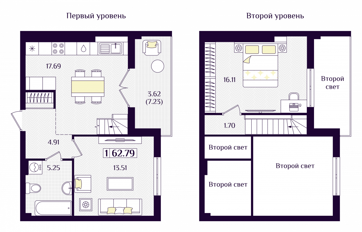 Квартира №144, 1-комнатная, 62.79 м², 7 этаж - планировка, ЖК «Астерия»