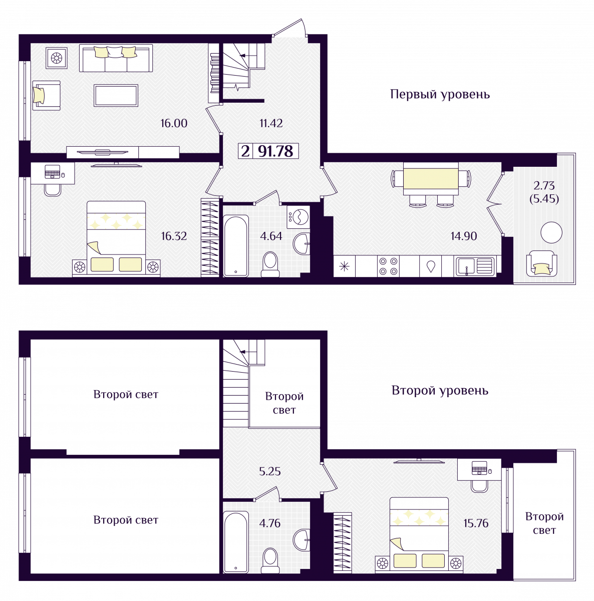 Квартира №145, 2-комнатная, 91.78 м², 7 этаж - планировка, ЖК «Астерия»
