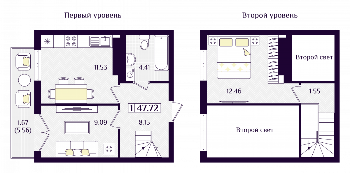 Квартира №146, 1-комнатная, 49.39 м², 7 этаж - планировка, ЖК «Астерия»