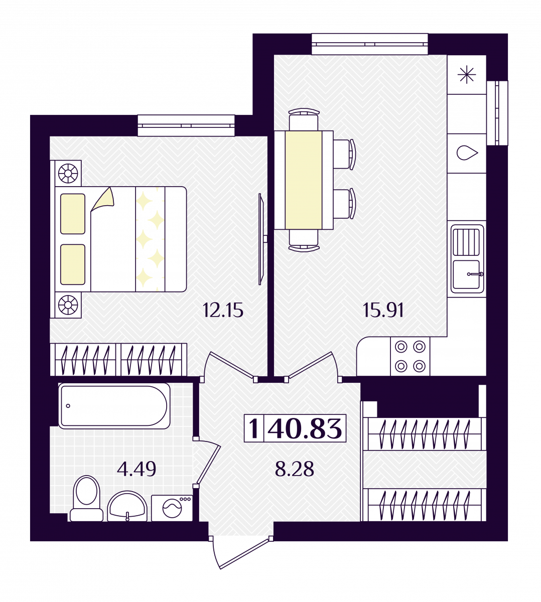 Квартира №149, 1-комнатная, 40.83 м², 1 этаж - планировка, ЖК «Астерия»