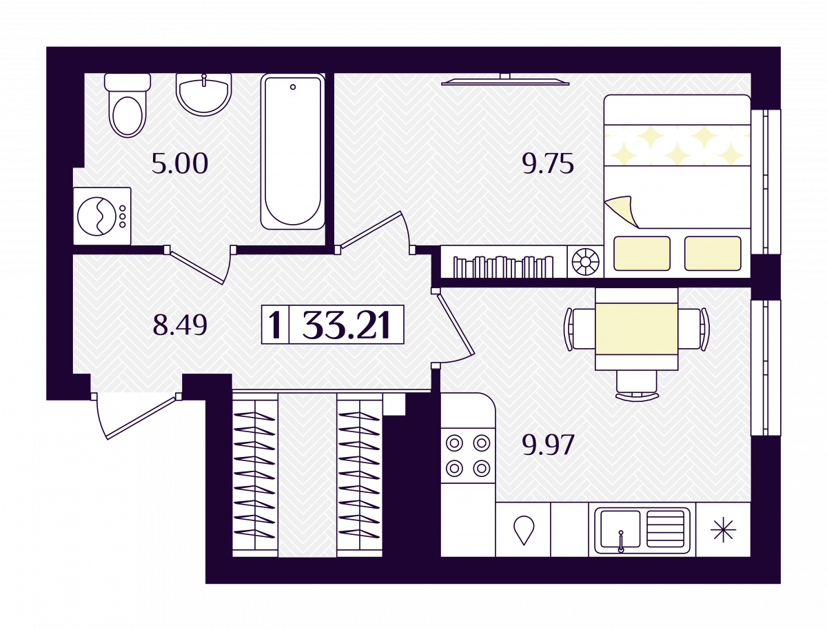Квартира №150, 1-комнатная, 33.21 м², 1 этаж - планировка, ЖК «Астерия»