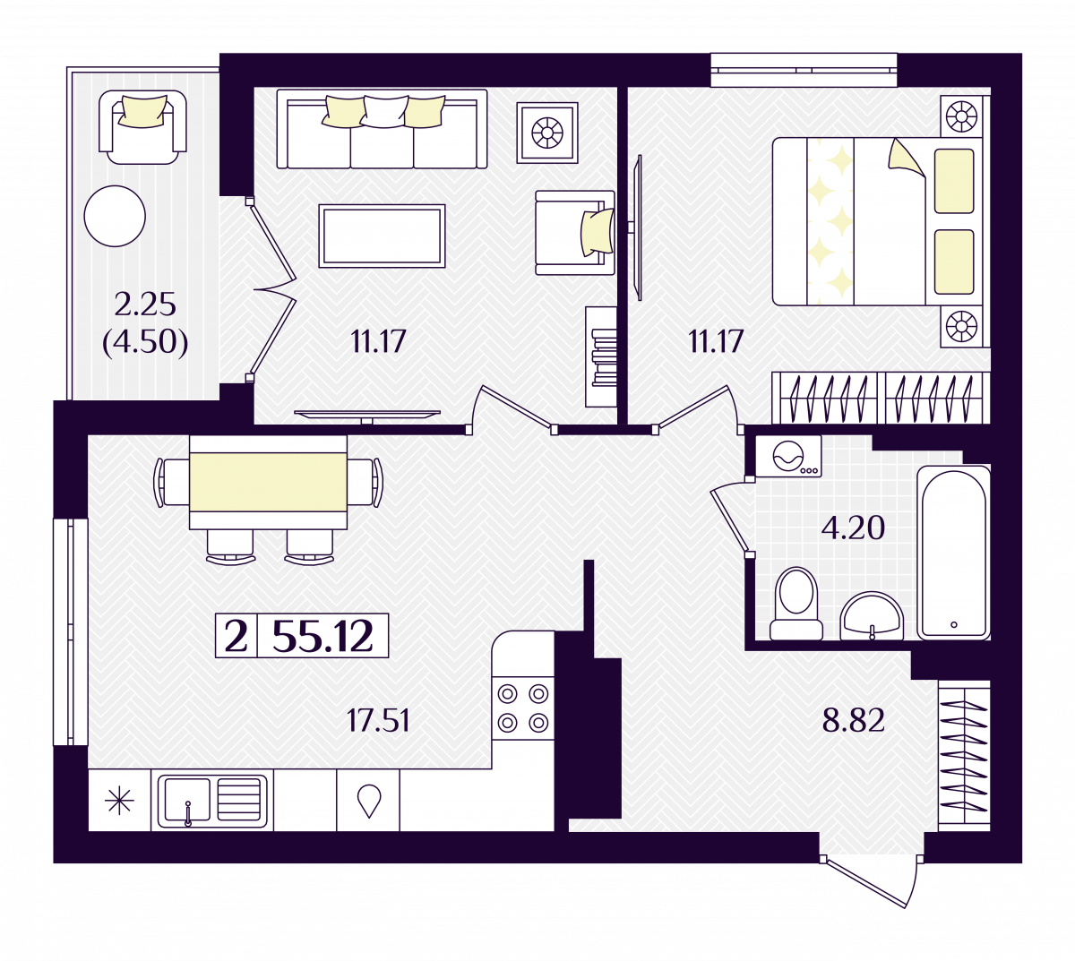 Квартира №158, 2-комнатная, 55.12 м², 3 этаж - планировка, ЖК «Астерия»