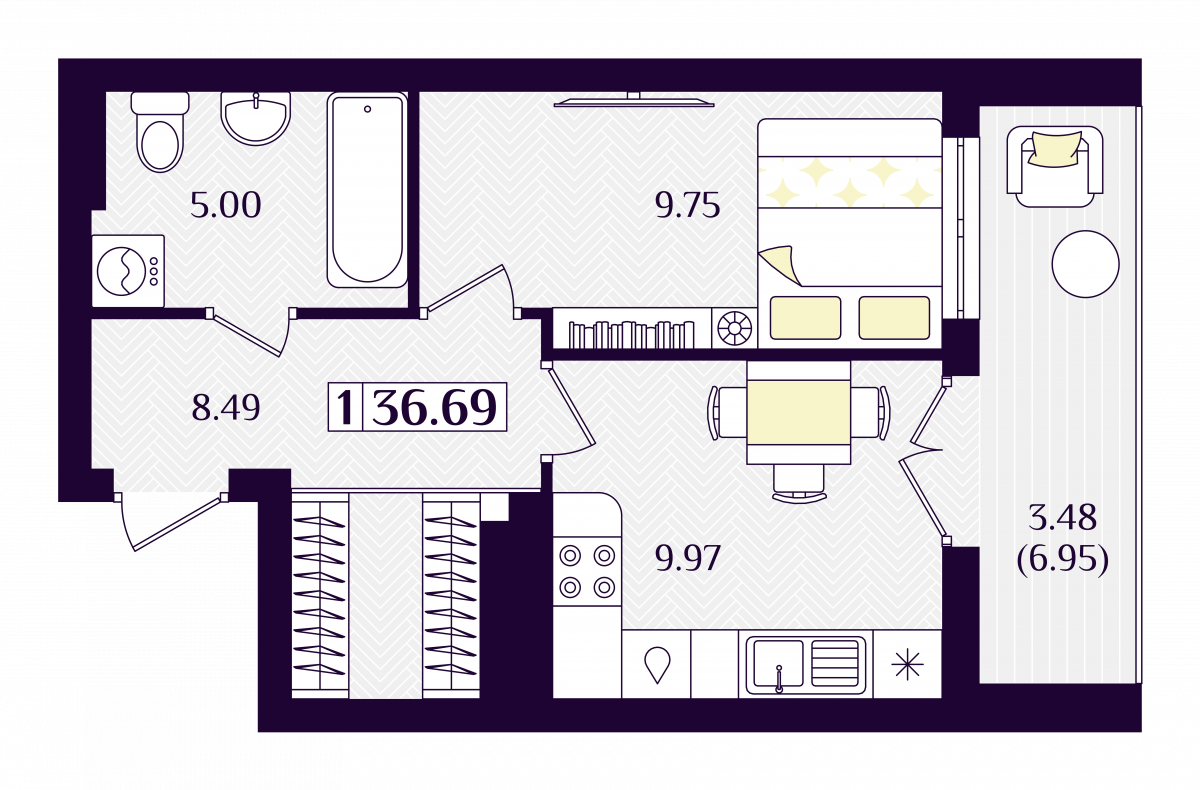 Квартира №160, 1-комнатная, 36.69 м², 3 этаж - планировка, ЖК «Астерия»