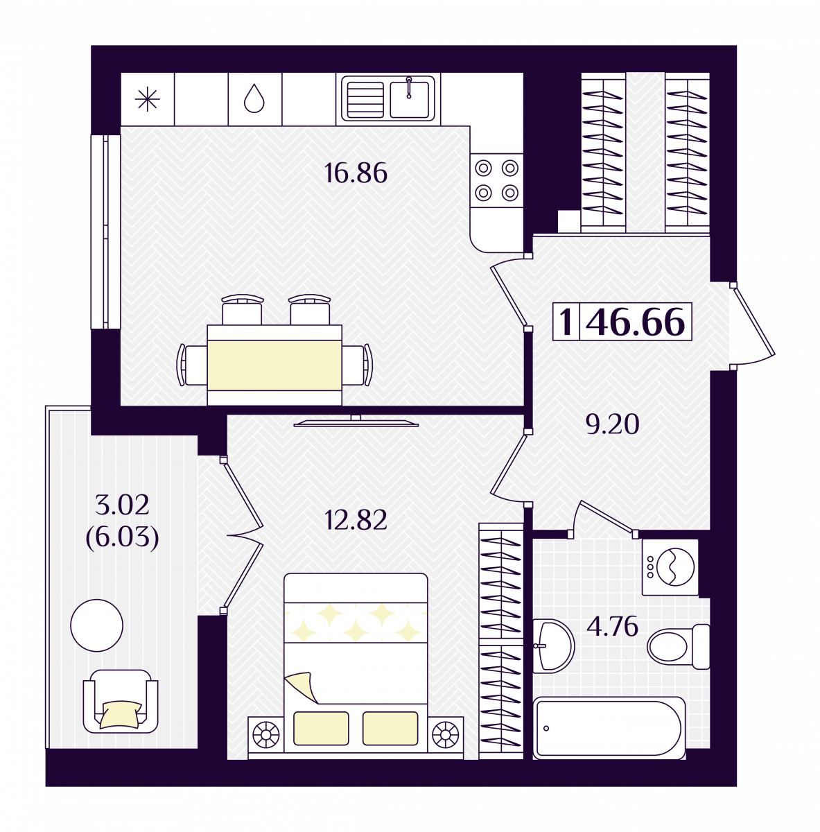 Квартира №167, 1-комнатная, 46.66 м², 5 этаж - планировка, ЖК «Астерия»