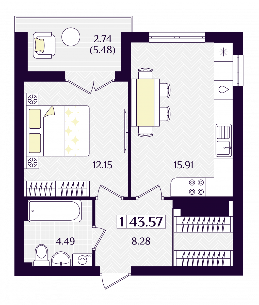 Квартира №169, 1-комнатная, 43.57 м², 5 этаж - планировка, ЖК «Астерия»