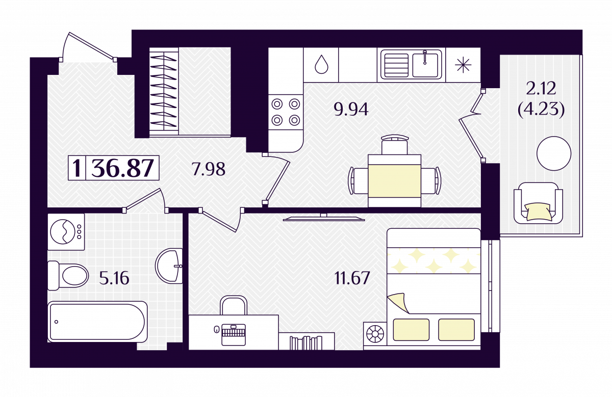 Квартира №171, 1-комнатная, 36.87 м², 5 этаж - планировка, ЖК «Астерия»