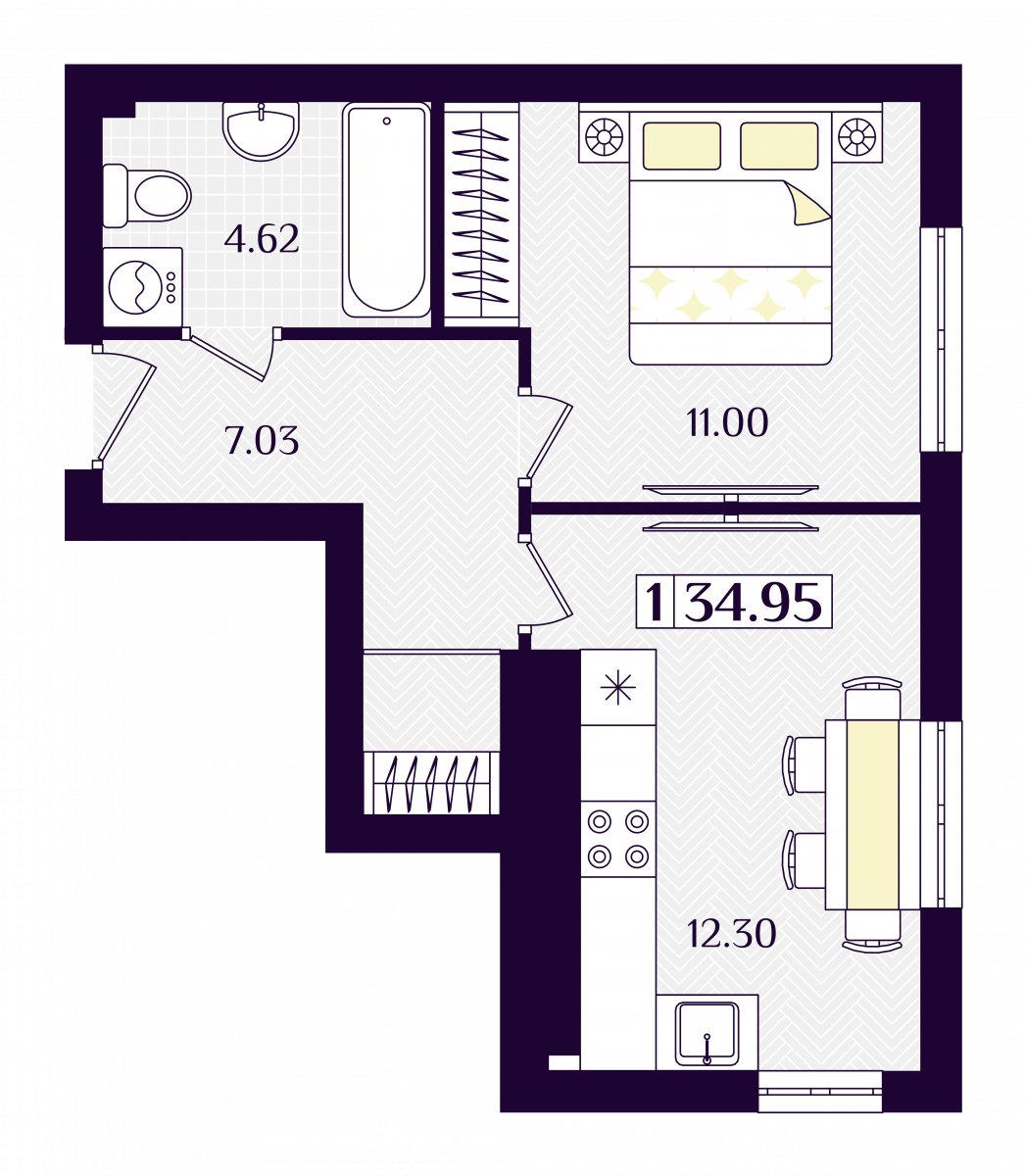 Квартира №184, 1-комнатная, 34.95 м², 1 этаж - планировка, ЖК «Астерия»