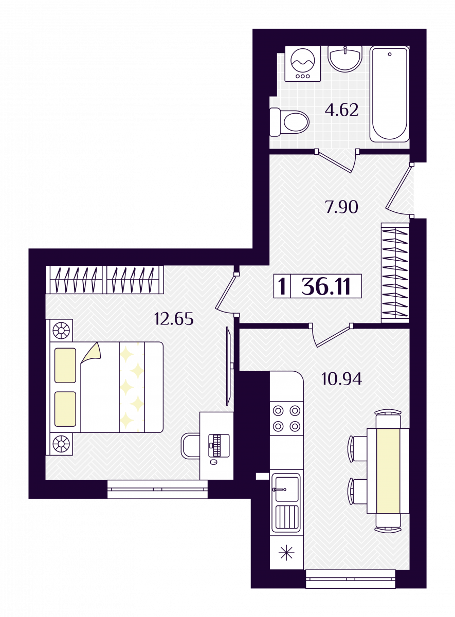 Квартира №186, 1-комнатная, 36.11 м², 1 этаж - планировка, ЖК «Астерия»