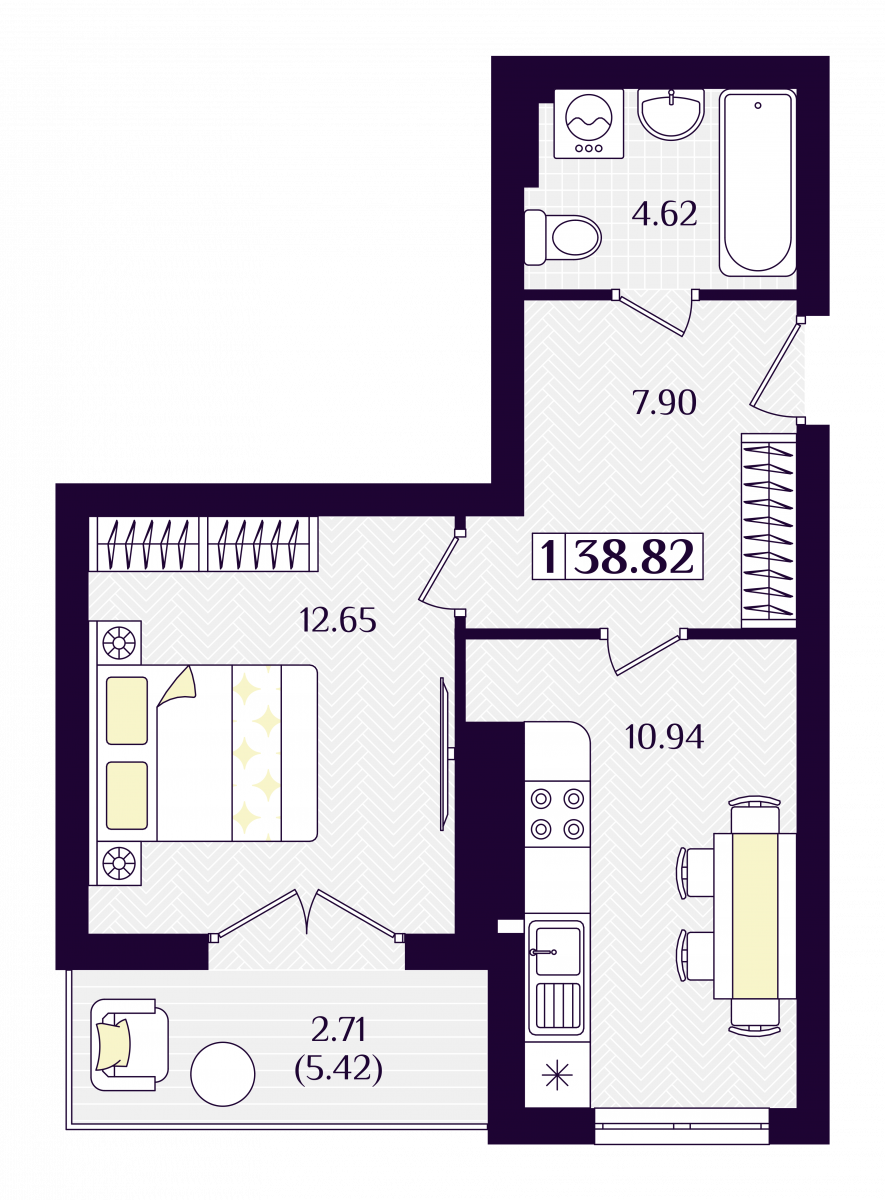 Квартира №192, 1-комнатная, 38.82 м², 2 этаж - планировка, ЖК «Астерия»