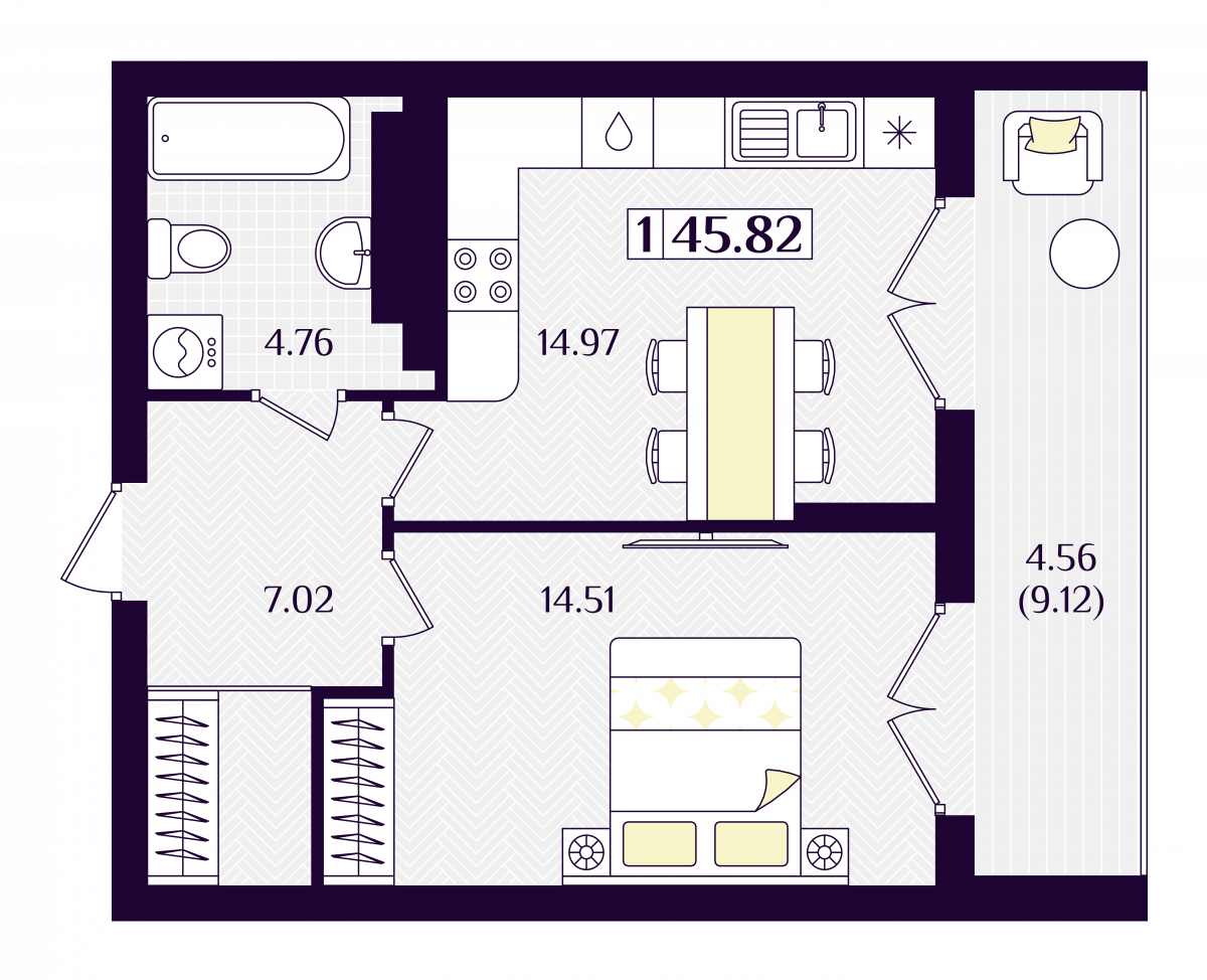 Квартира №207, 1-комнатная, 45.82 м², 5 этаж - планировка, ЖК «Астерия»
