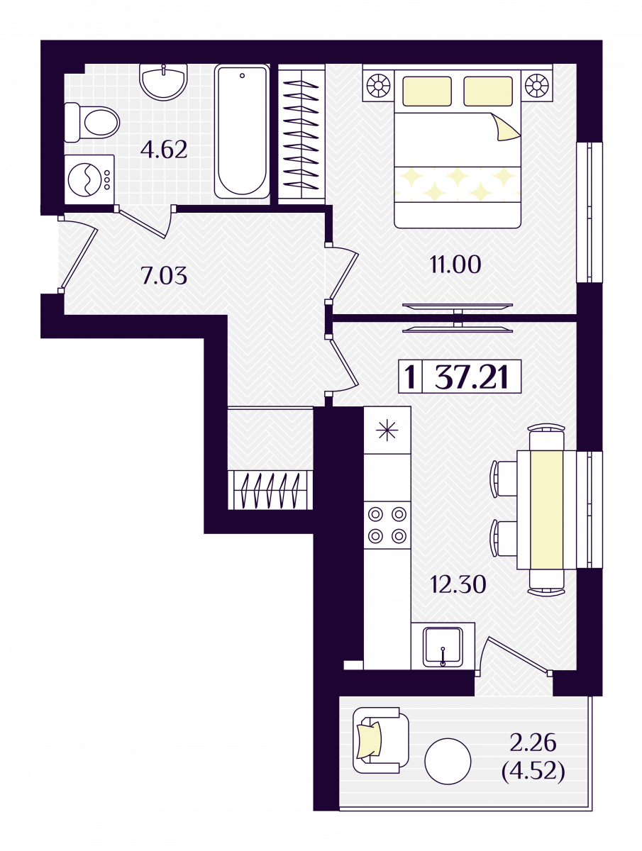 Квартира №208, 1-комнатная, 37.21 м², 5 этаж - планировка, ЖК «Астерия»