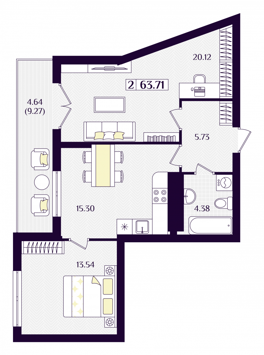 Квартира №211, 2-комнатная, 63.71 м², 5 этаж - планировка, ЖК «Астерия»