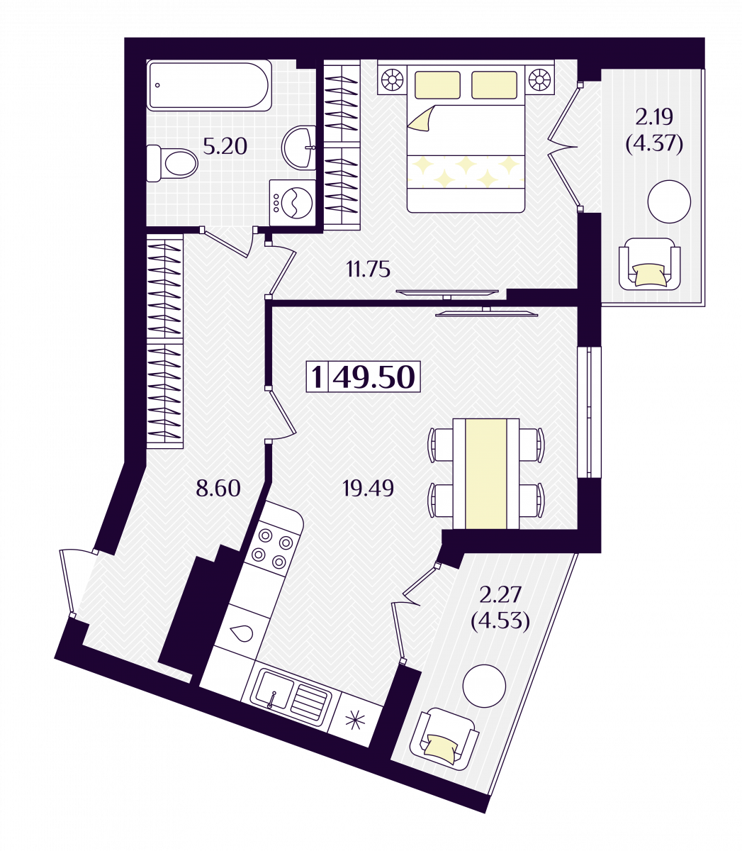 Квартира №212, 1-комнатная, 49.5 м², 6 этаж - планировка, ЖК «Астерия»