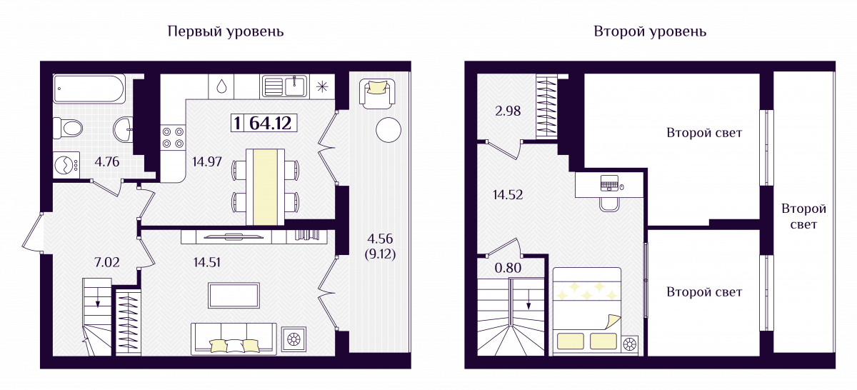 Квартира №219, 1-комнатная, 64.12 м², 7 этаж - планировка, ЖК «Астерия»