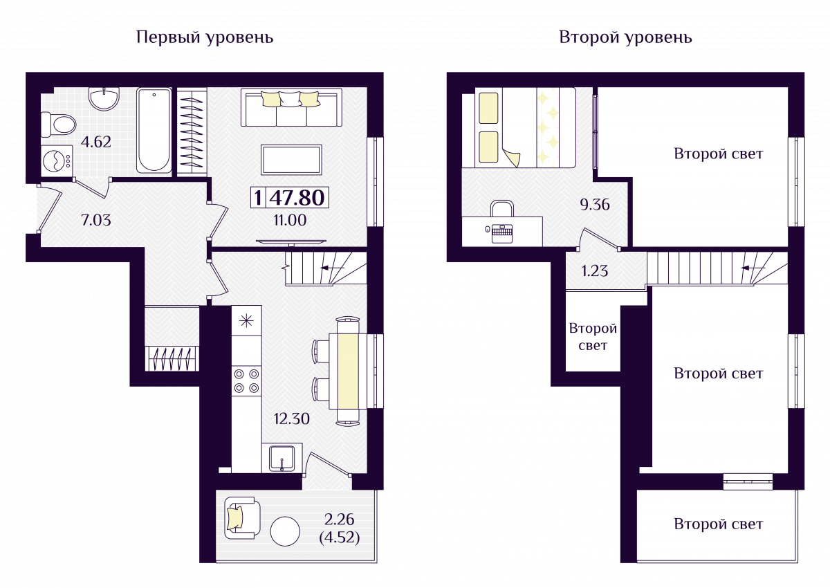 Квартира №220, 1-комнатная, 47.8 м², 7 этаж - планировка, ЖК «Астерия»