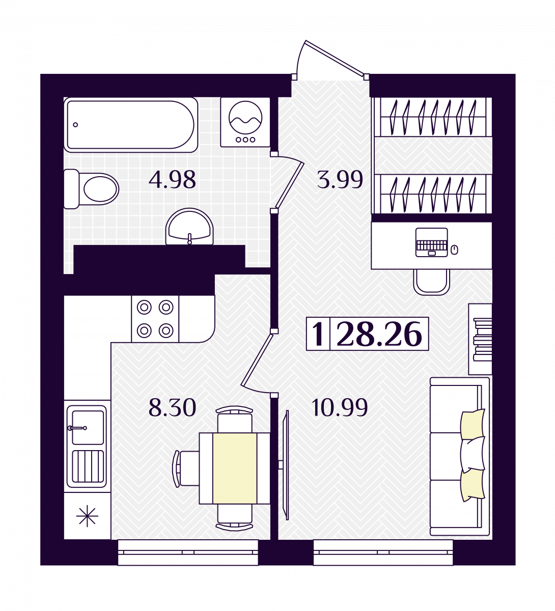 Квартира №225, 1-комнатная, 28.26 м², 1 этаж - планировка, ЖК «Астерия»
