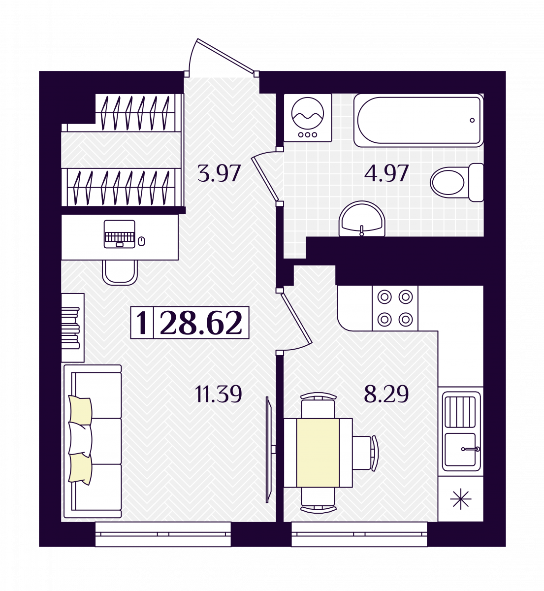 Квартира №226, 1-комнатная, 28.62 м², 1 этаж - планировка, ЖК «Астерия»