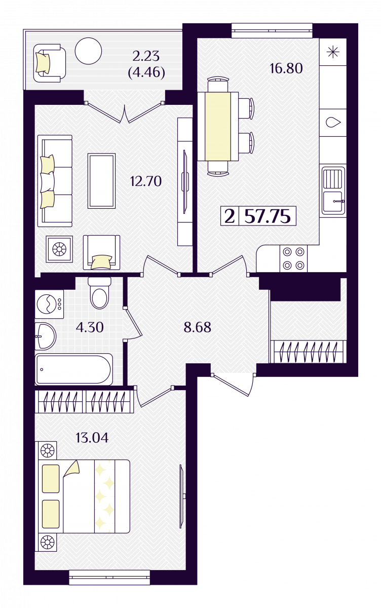 Квартира №233, 2-комнатная, 57.75 м², 2 этаж - планировка, ЖК «Астерия»