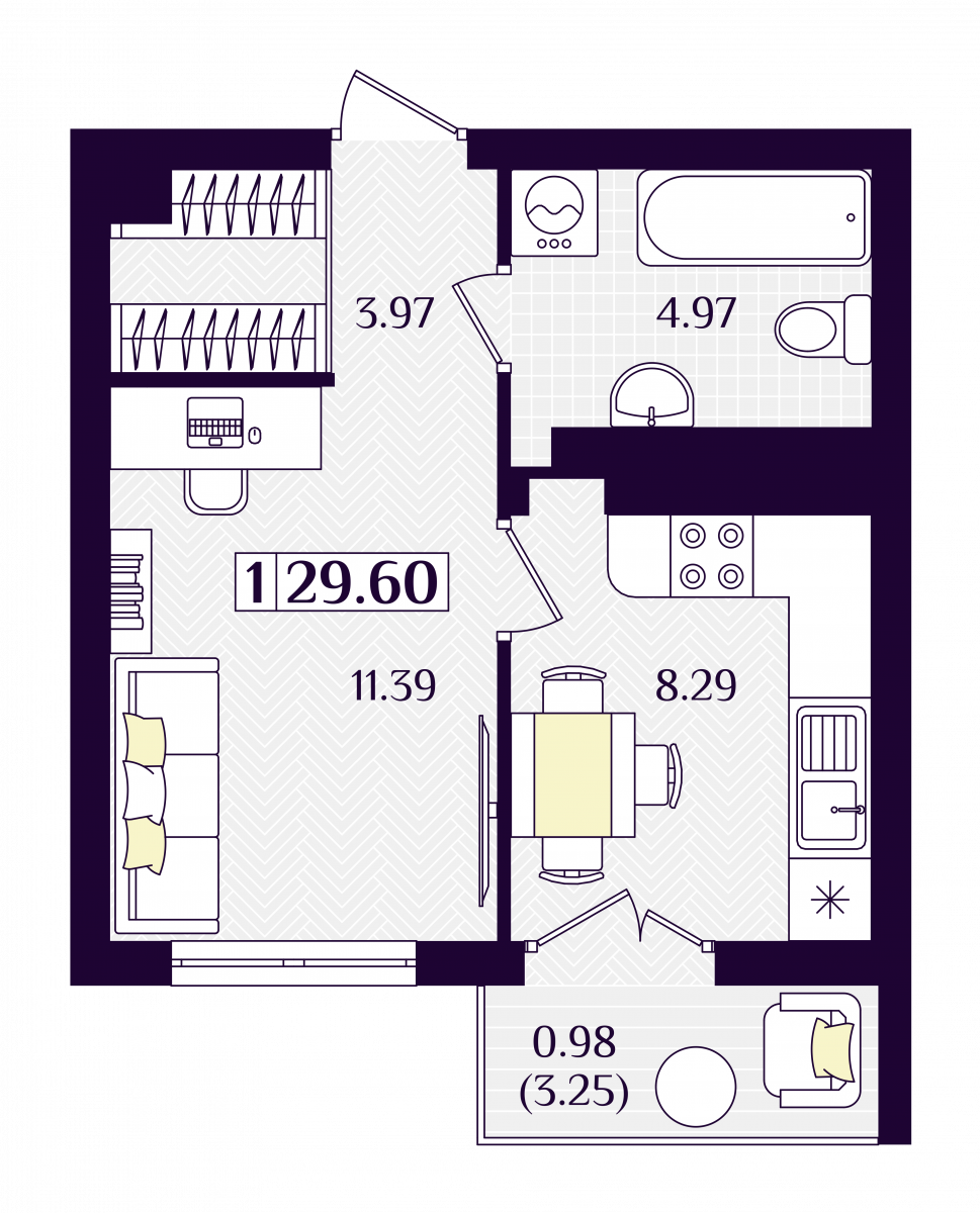 Квартира №241, 1-комнатная, 29.6 м², 4 этаж - планировка, ЖК «Астерия»