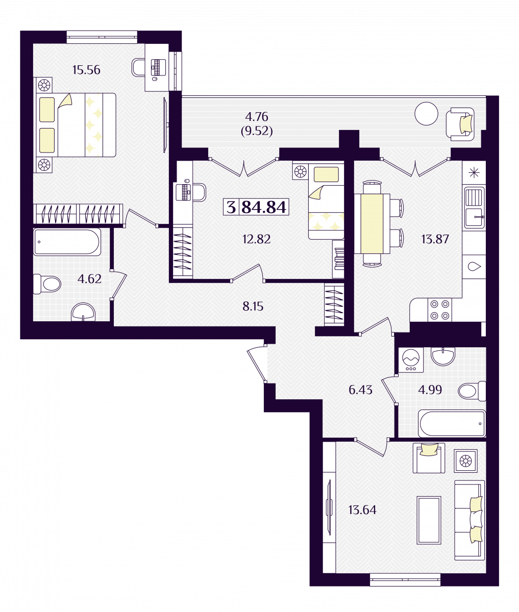 Квартира №244, 3-комнатная, 84.84 м², 5 этаж - планировка, ЖК «Астерия»