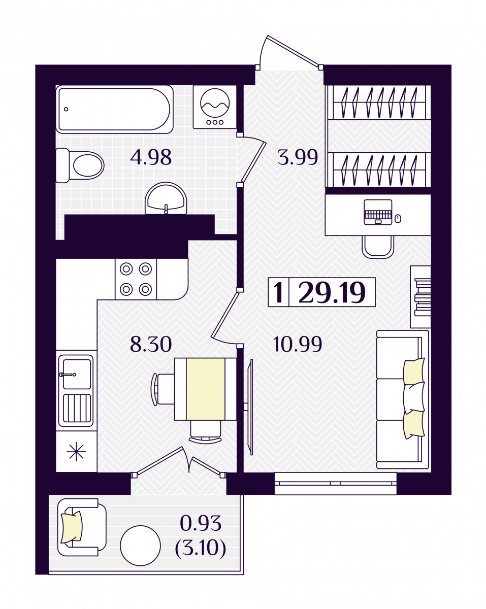 Квартира №245, 1-комнатная, 29.19 м², 5 этаж - планировка, ЖК «Астерия»