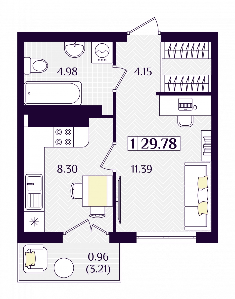 Квартира №247, 1-комнатная, 29.78 м², 5 этаж - планировка, ЖК «Астерия»